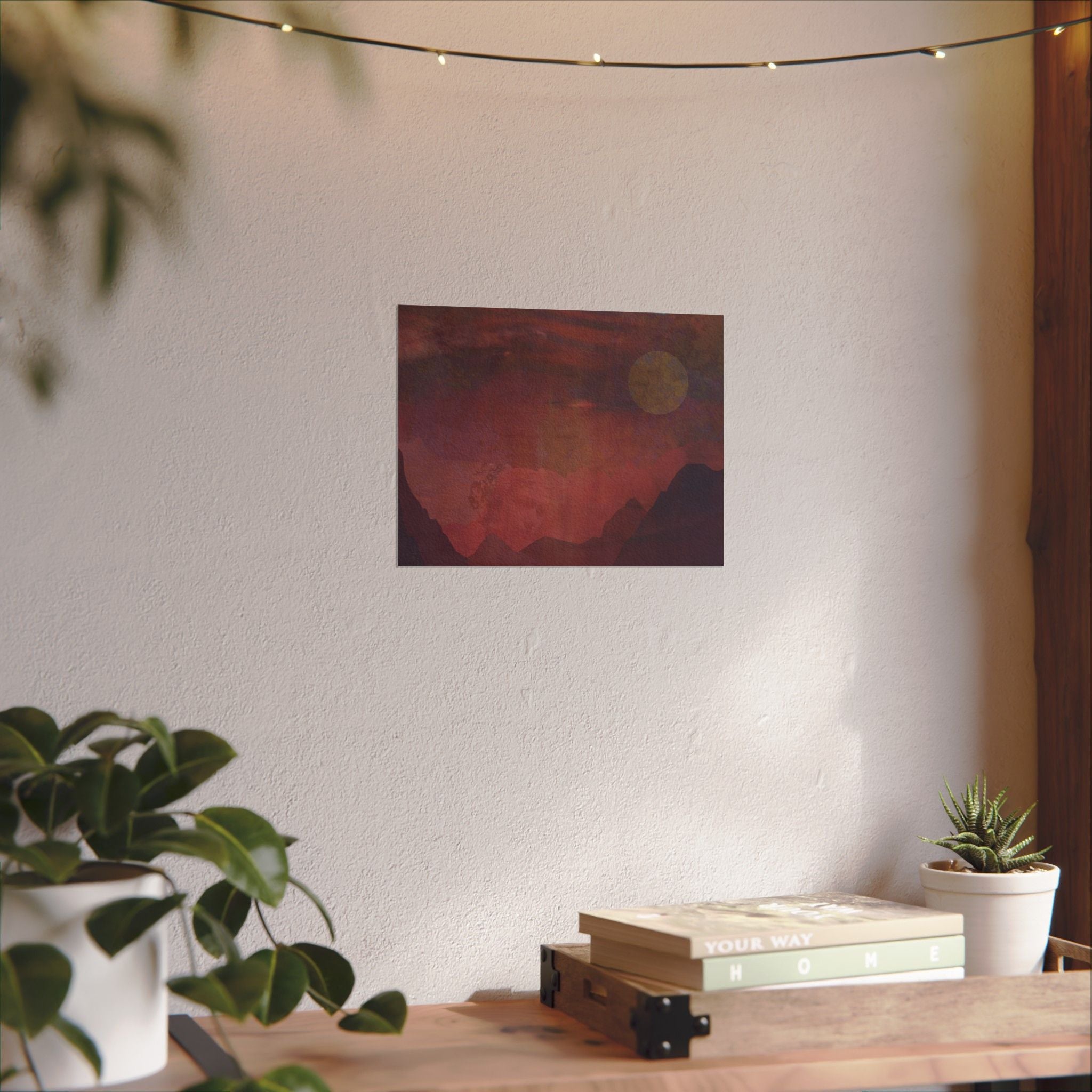 Watercolor Mountain Sunset Poster — Textured Matte Landscape Art Print