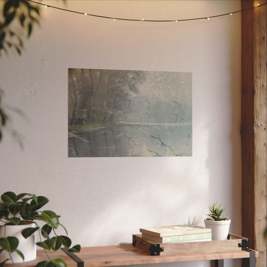 Cracked Lake Watercolor Landscape Poster — Textured Misty Lake Matte Art Print