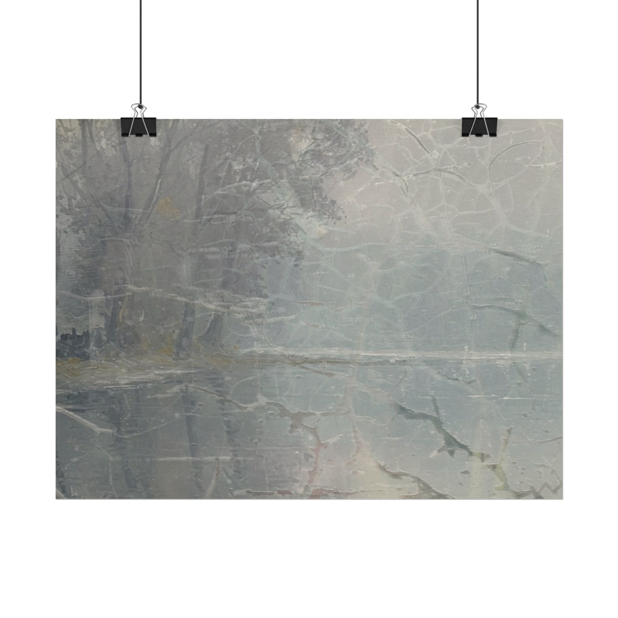 Cracked Lake Watercolor Landscape Poster — Textured Misty Lake Matte Art Print