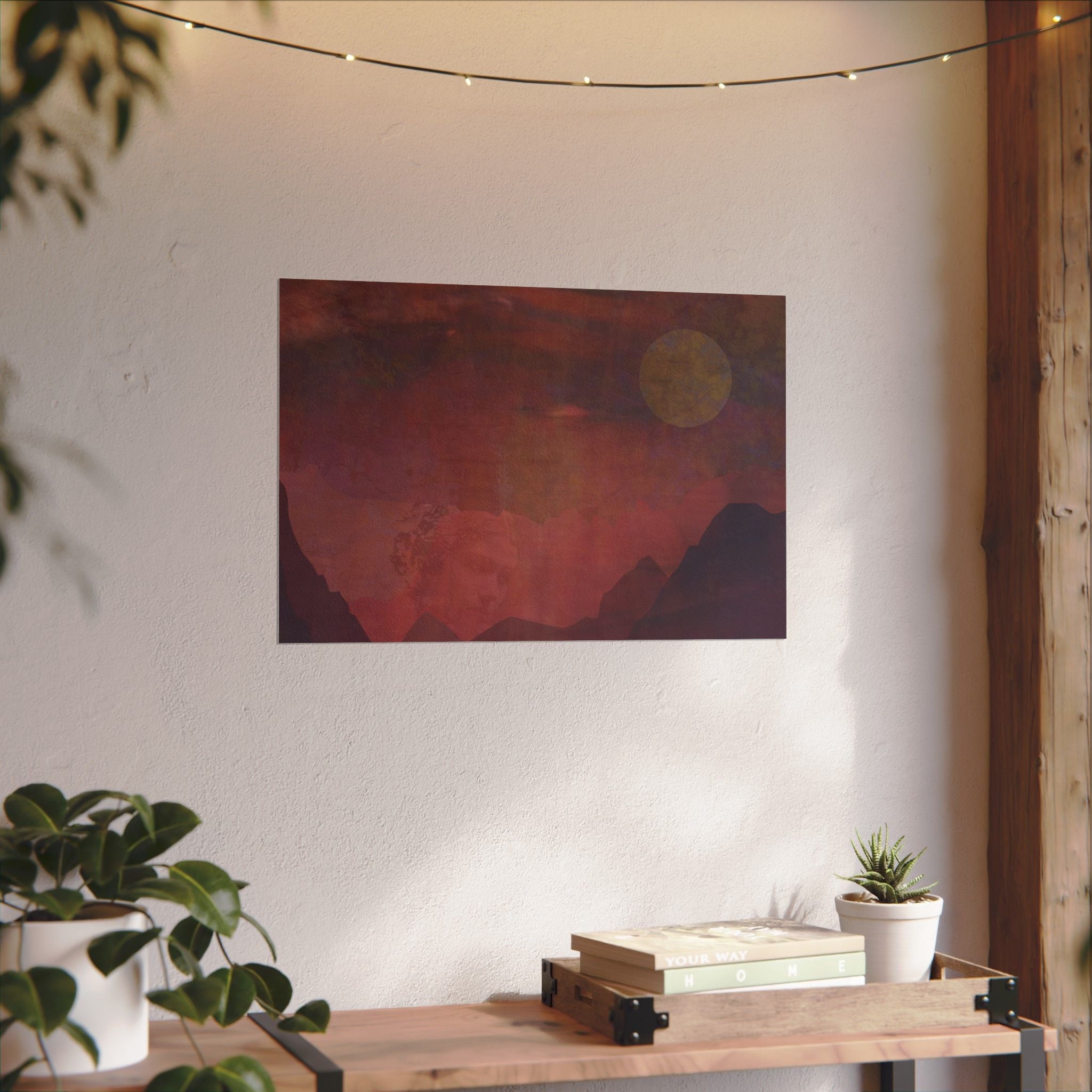 Watercolor Mountain Sunset Poster — Textured Matte Landscape Art Print