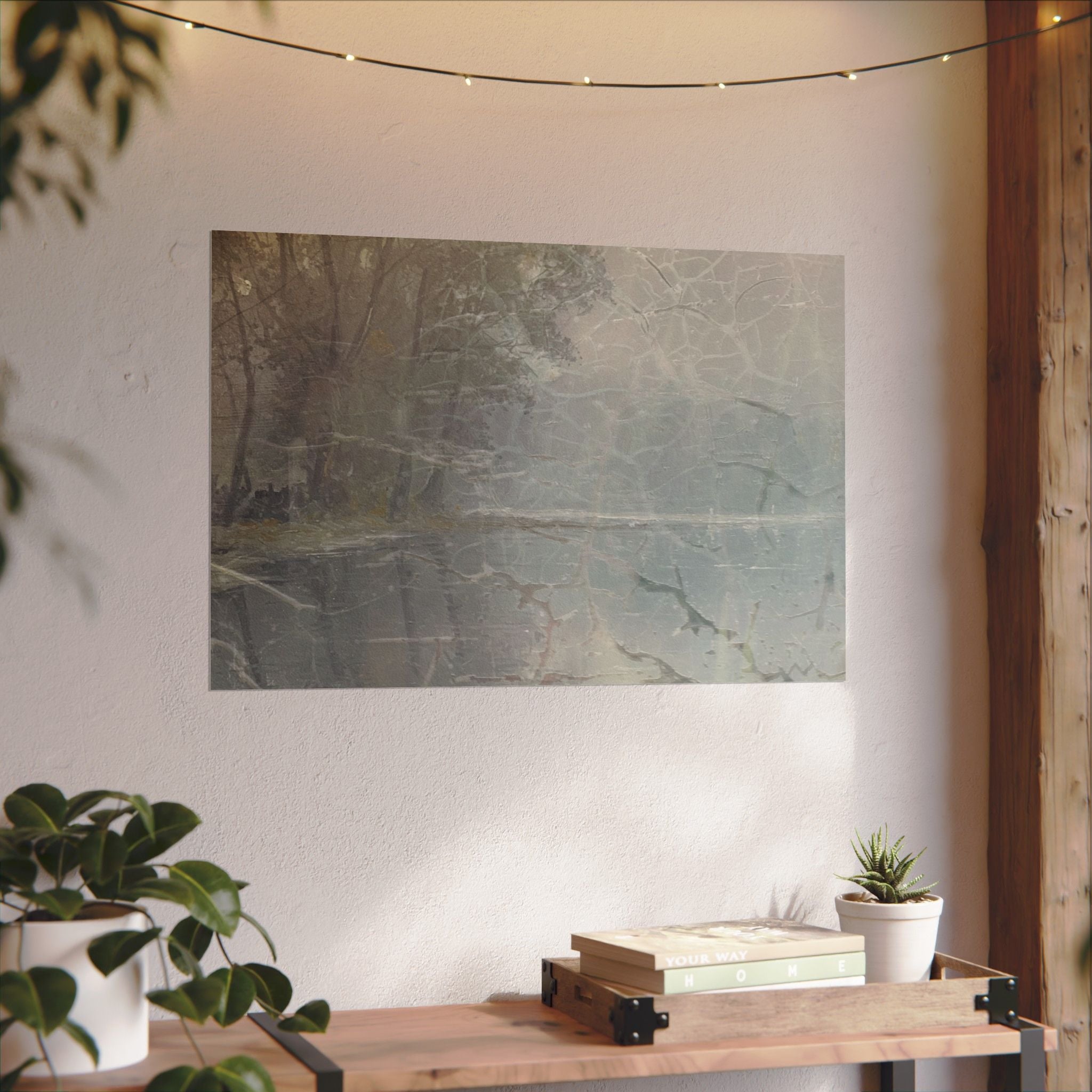 Cracked Lake Watercolor Landscape Poster — Textured Misty Lake Matte Art Print