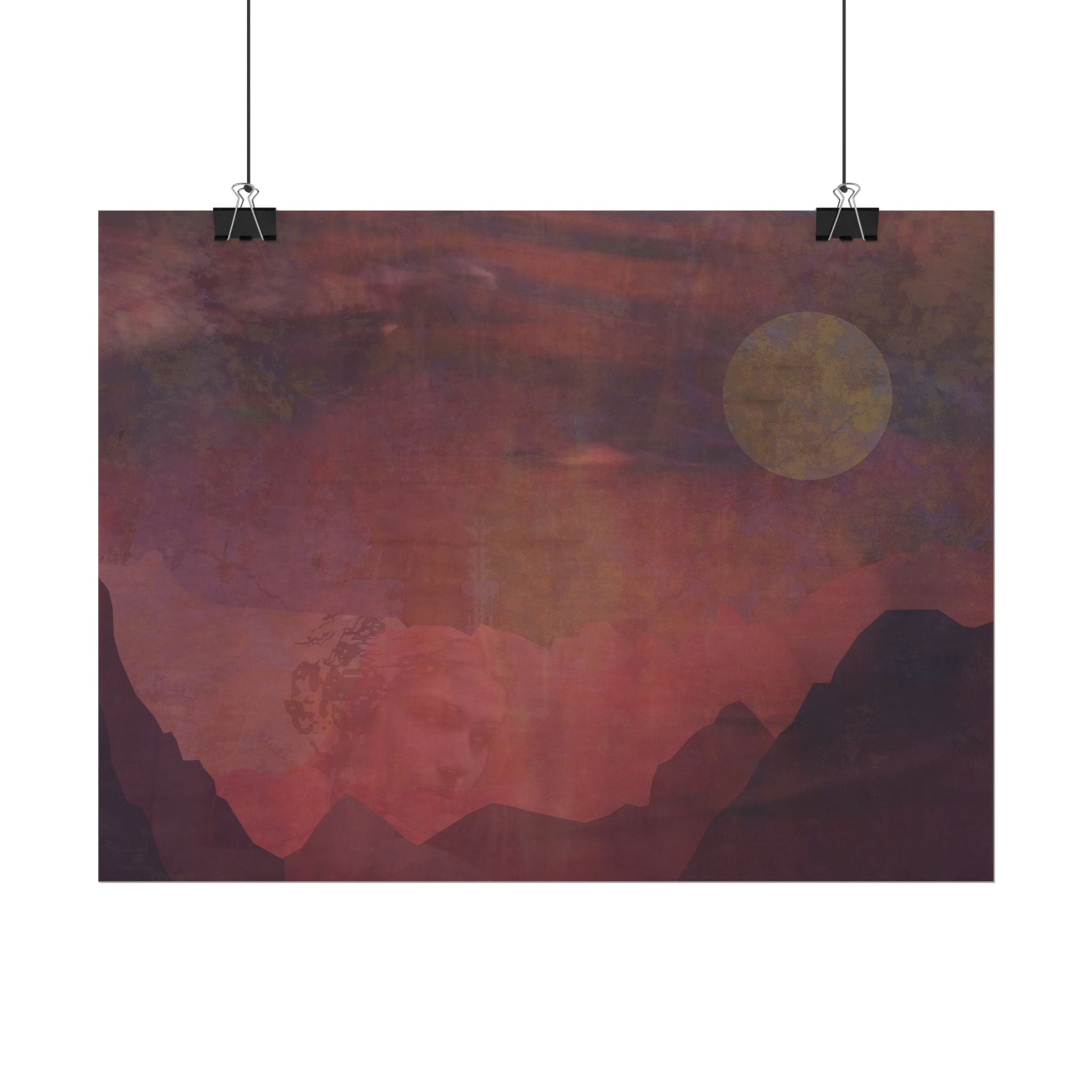 Watercolor Mountain Sunset Poster — Textured Matte Landscape Art Print