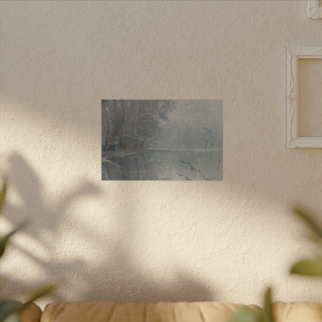 Cracked Lake Watercolor Landscape Poster — Textured Misty Lake Matte Art Print