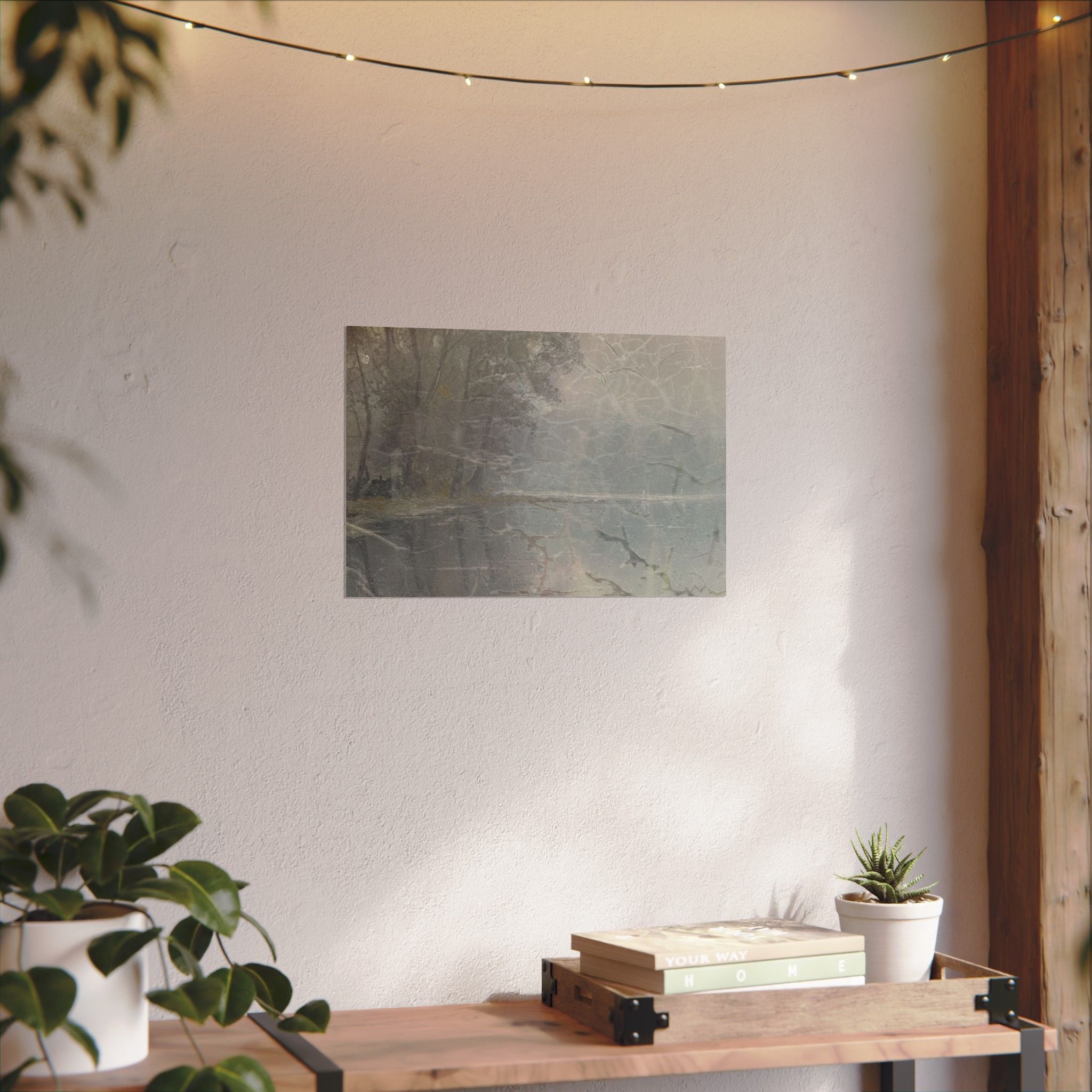 Cracked Lake Watercolor Landscape Poster — Textured Misty Lake Matte Art Print