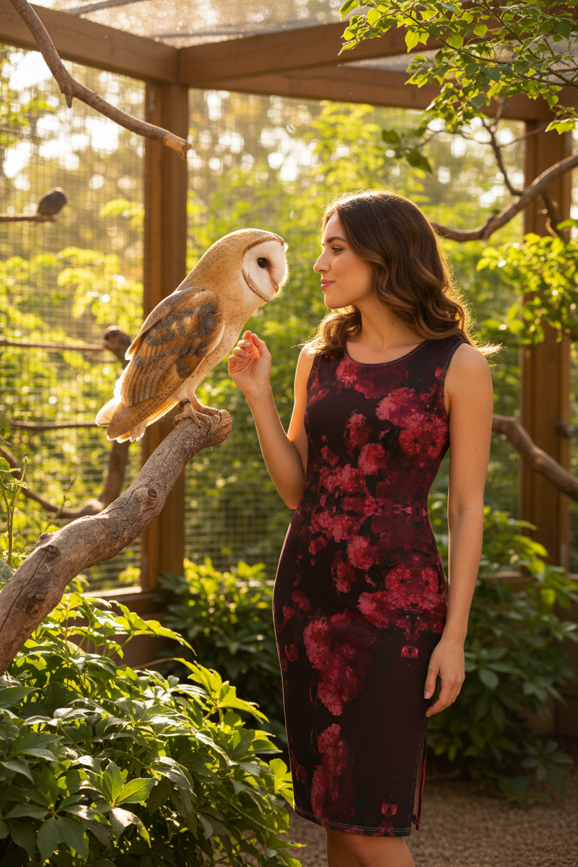 Bliss Blossom Bodycon Dress Model Talking to Barn Owl at Aviary Mockup