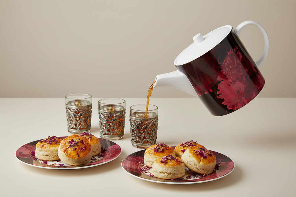Bliss Blossom Bone China Teapot Pouring Tea Moroccan Glasses Flower Petal Scones Studio Mockup