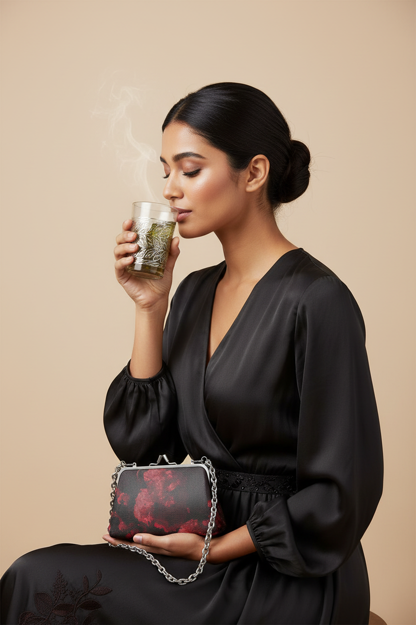 Bliss Blossom Flat Frame Bag Model Holding Bag Drinking Moroccan Tea Studio Mockup