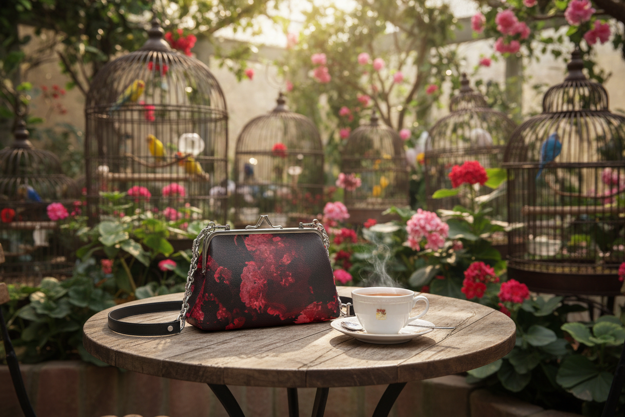 Bliss Blossom Flat Frame Bag on Cafe Table at Aviary Mockup