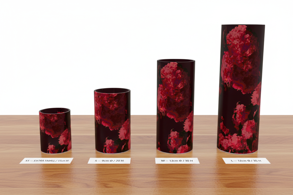 Bliss Blossom Glass Vase – All 4 Sizes Labeled Maple Table Reference