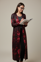 Bliss Blossom Ladies Cardigan Long Model Standing Writing Notebook Glasses Open Cardigan Studio Mockup