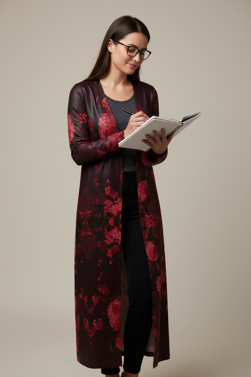 Bliss Blossom Ladies Cardigan Long Model Standing Writing Notebook Glasses Open Cardigan Studio Mockup