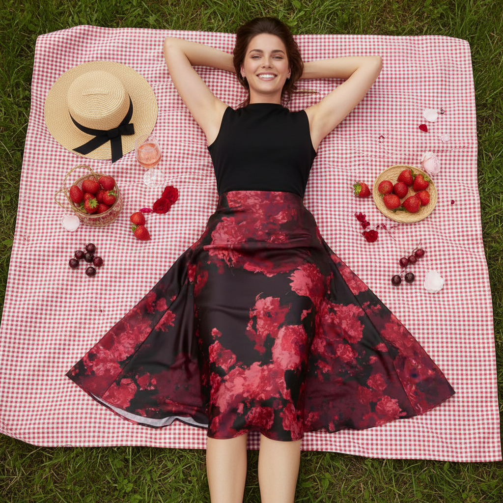 Bliss Blossom Midi Skirt – Woman on Picnic Blanket Bird's Eye