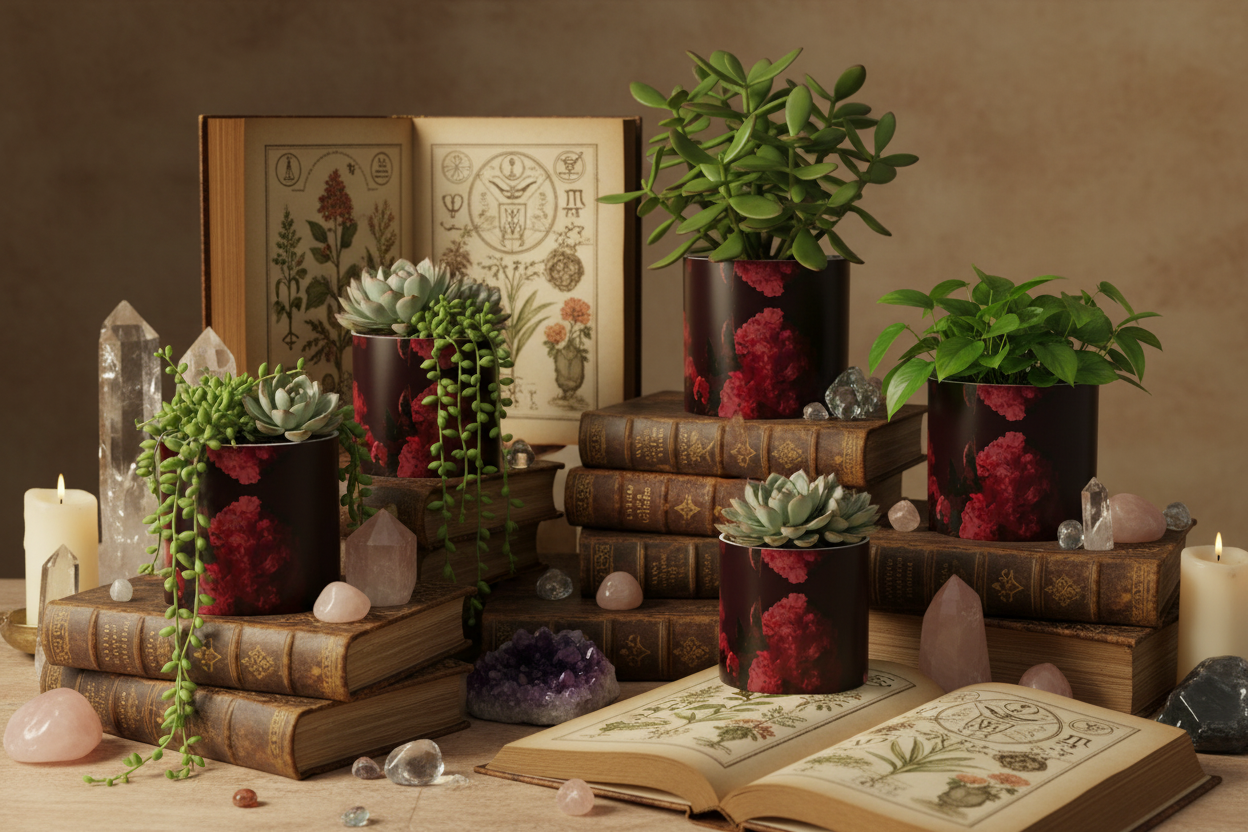 Bliss Blossom Plant Pots with Mystical Books and Crystals