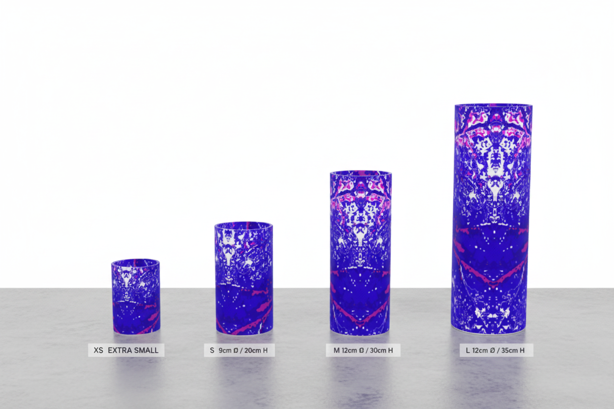 Blue and Magenta Leaf Glass Vase – All 4 Sizes Labeled