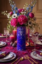 Blue and Magenta Leaf Glass Vase – Prominent Tablescape