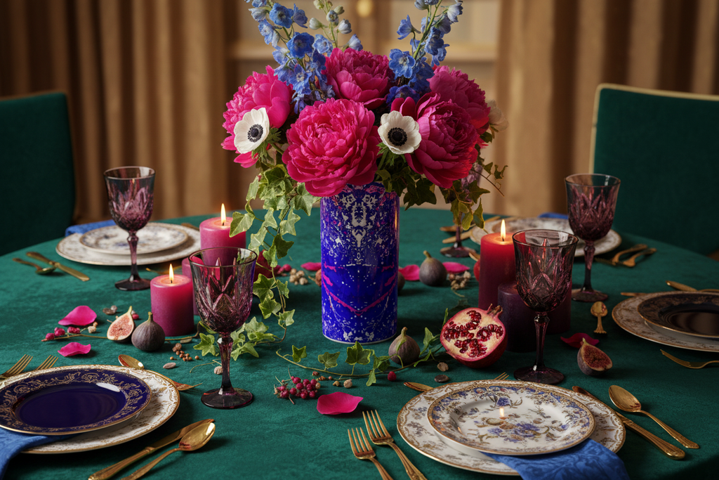 Blue and Magenta Leaf Glass Vase – Vibrant Tablescape