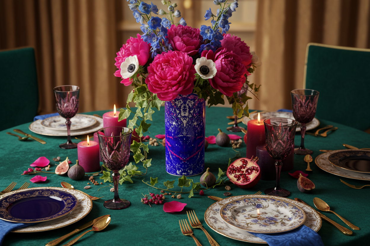 Blue and Magenta Leaf Glass Vase – Vibrant Tablescape