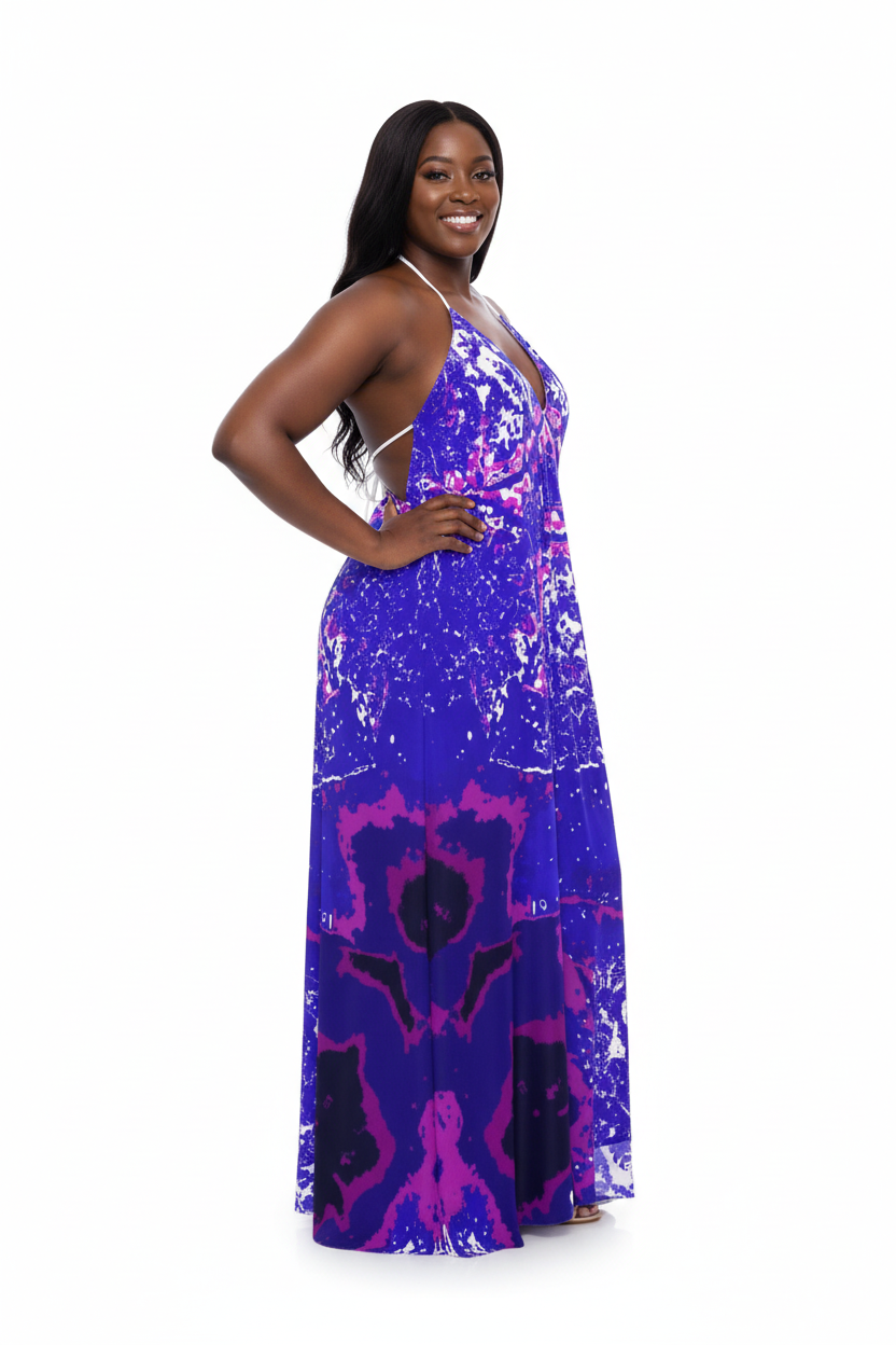 Blue Leaf Halterneck backless dress