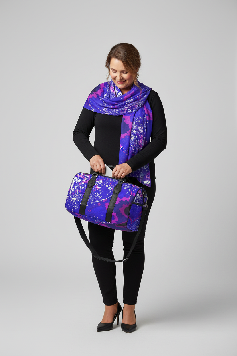 Blue Leaf Scarf and Duffle Bag Studio Mockup