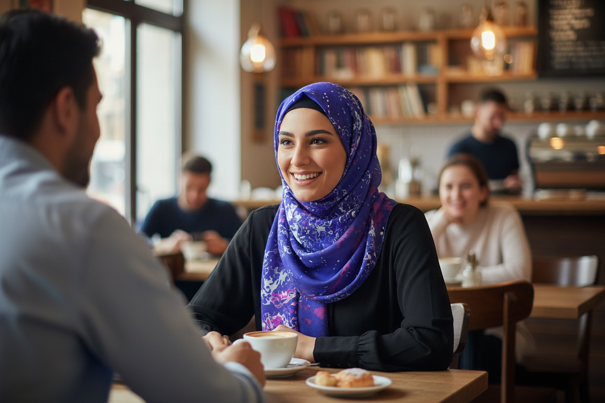 Blue Leaf Scarf as Headscarf Cafe Mockup