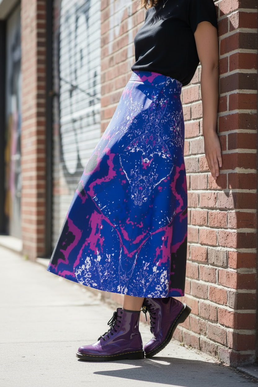 Blue Leaf Symmetry Midi Skirt – Hands Against Wall