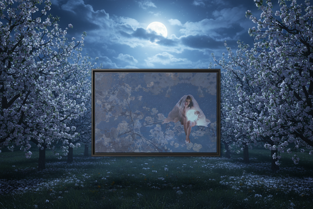 Blue Moon Canvas – Moonlit Orchard in Full Bloom