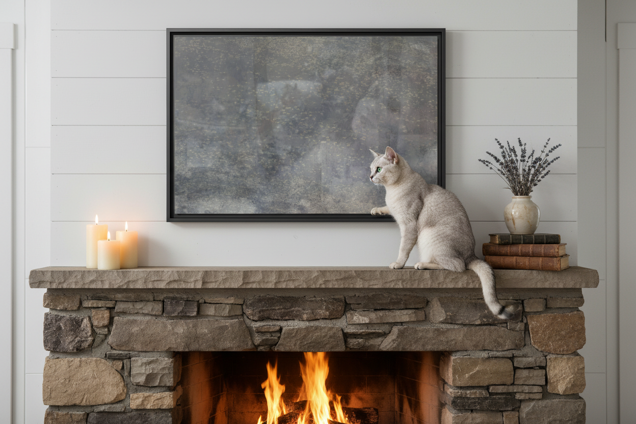 Clara Bow Dreaming Canvas - Russian Blue Cat on Mantle