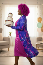 Electric Blue Leaf Cardigan fuchsia hair and dress side view mockup
