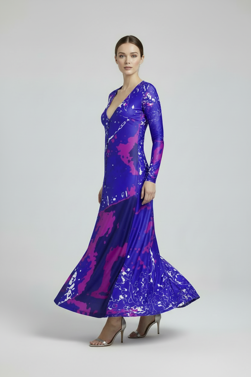 Electric Blue Leaf Cardigan true mid-calf length turning studio mockup