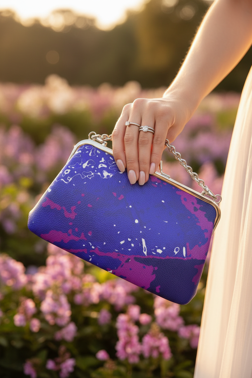 Electric Blue Leaf Clutch – Floral Bokeh Background