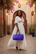Electric Blue Leaf Duffle – White Outfit Morocco