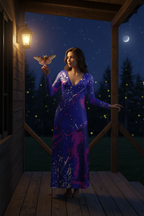 Electric Blue Leaf Ladies Cardigan Maxi moth on porch at night mockup