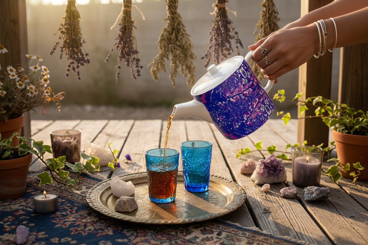Electric Blue Leaf Teapot – Pouring into Moroccan Glasses
