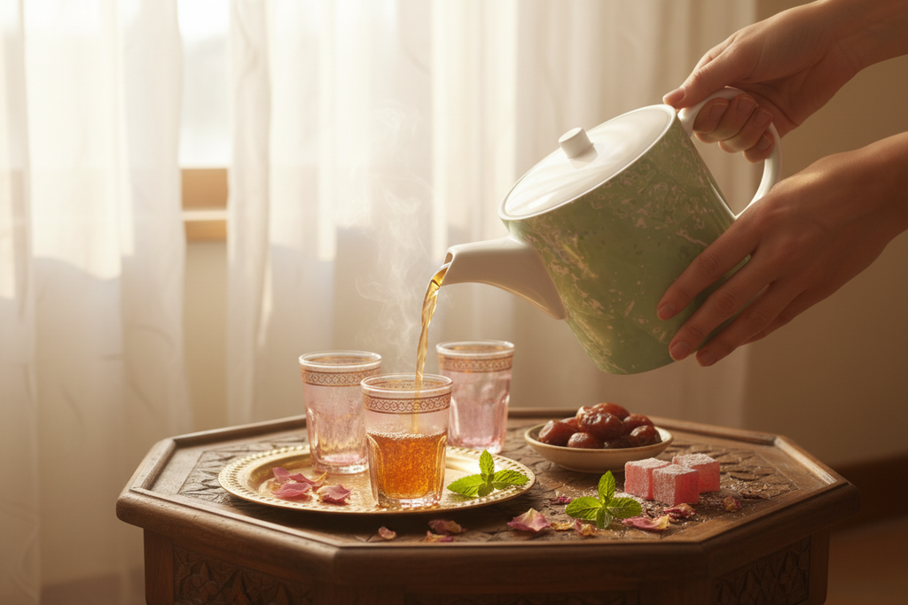 Green Leaf Bone China Teapot – Pouring into Pink Moroccan Tea Glasses