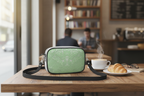 Green Leaf Camera Bag Cafe Table Mockup