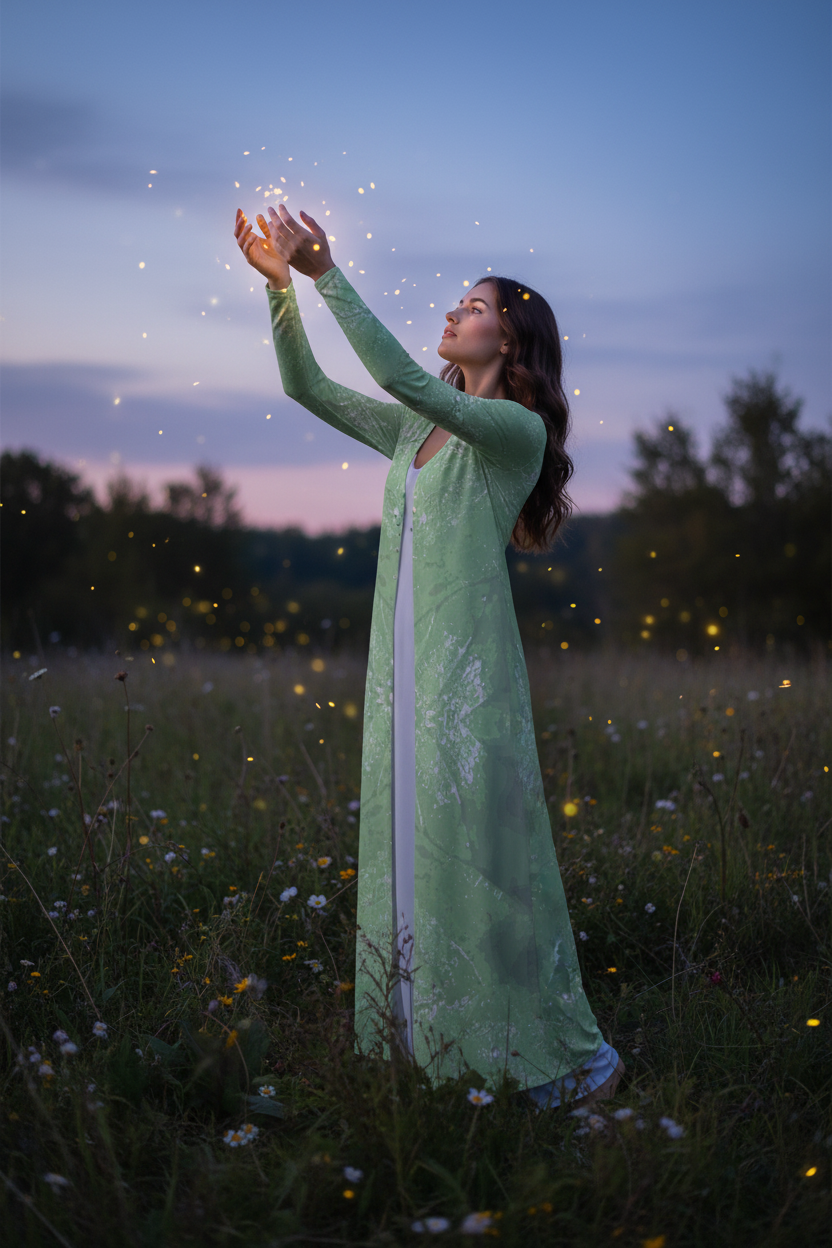 Green Leaf Ladies Cardigan LONG Catching Fireflies Mockup