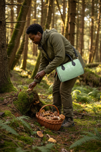 Green Leaf Mini Denbigh Duffle Bag Black Woman Mushroom Hunting Mockup