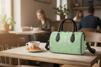 Green Leaf Mini Denbigh Duffle Bag Cafe Table Mockup