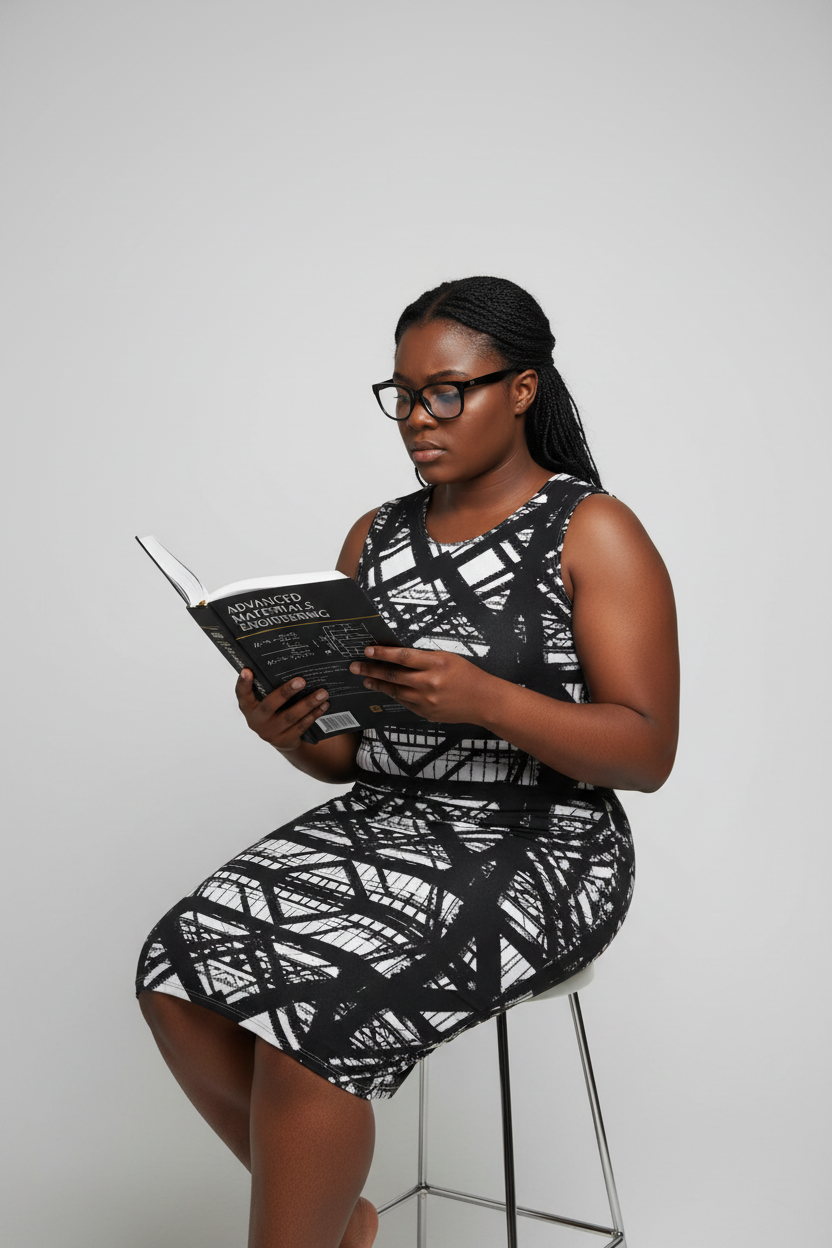 Hot Metal Bodycon Dress Black Full Figured Model Reading Engineering Textbook Studio Mockup