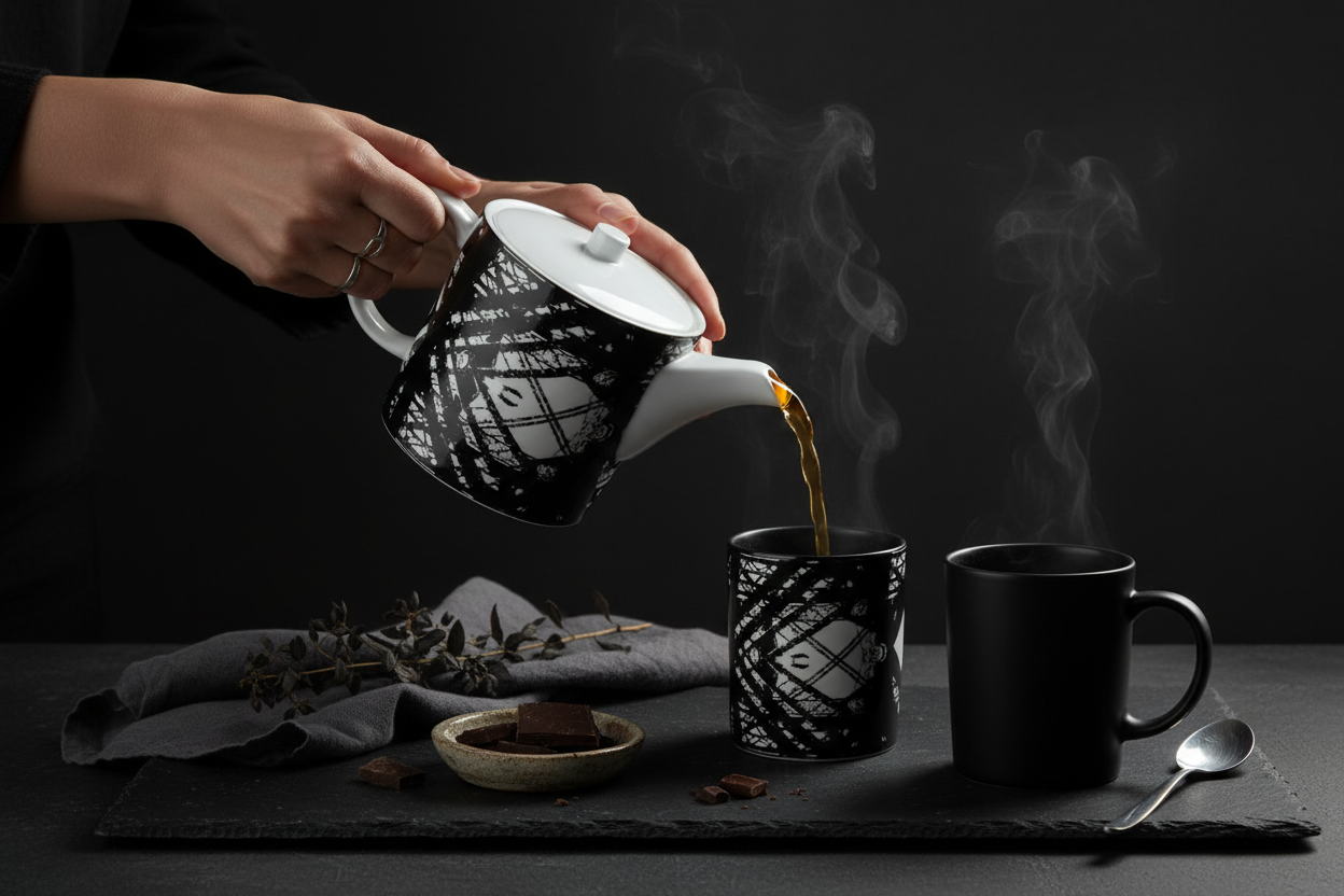 Hot Metal Bone China Teapot – Pouring into Black Mugs