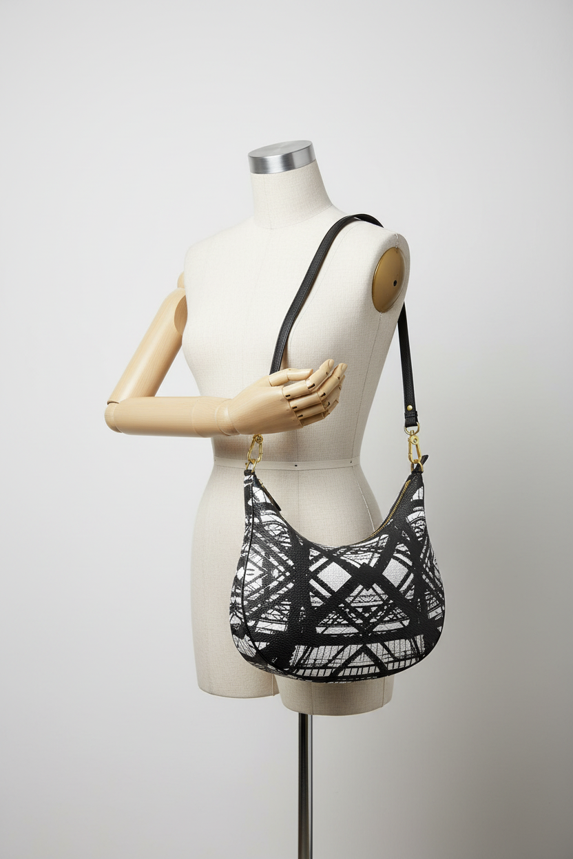 Hot Metal Curve Hobo Bag Hanging from Mannequin Arm Studio Mockup