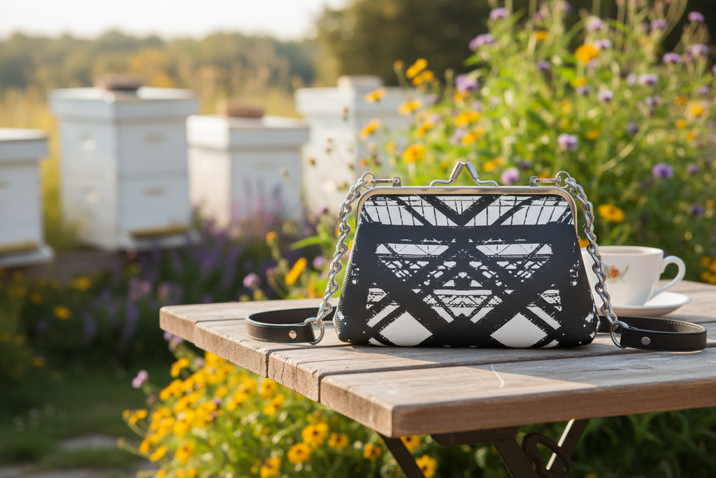 Hot Metal Flat Frame Bag Close Up on Cafe Table at Apiary Mockup