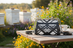 Hot Metal Flat Frame Bag Close Up on Cafe Table at Apiary Mockup