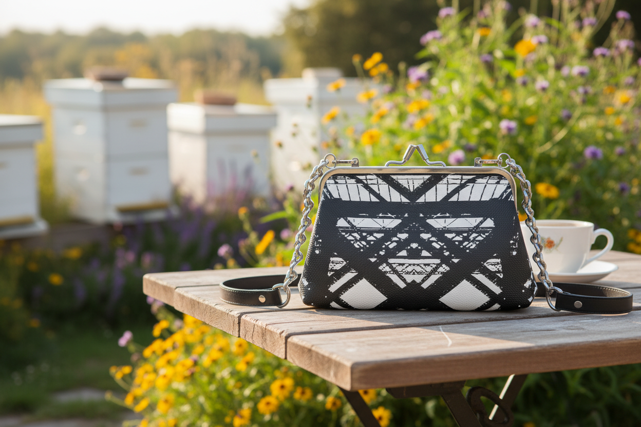 Hot Metal Flat Frame Bag Close Up on Cafe Table at Apiary Mockup