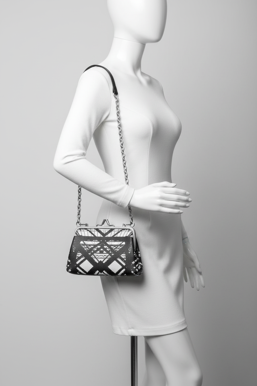 Hot Metal Flat Frame Bag Hanging from Mannequin Arm Studio Mockup