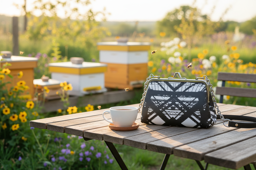 Hot Metal Flat Frame Bag on Cafe Table at Apiary Mockup