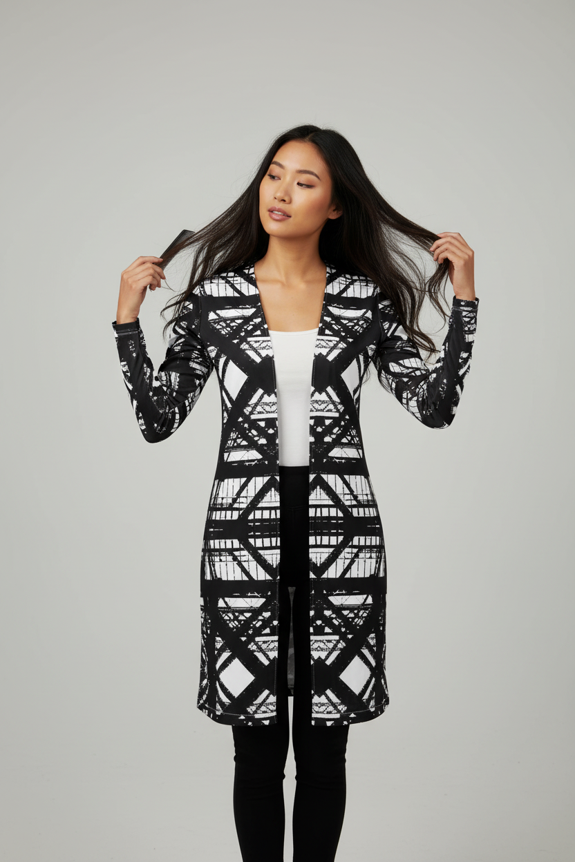 Hot Metal Ladies Cardigan Long Version Asian Woman Combing Hair Studio Mockup