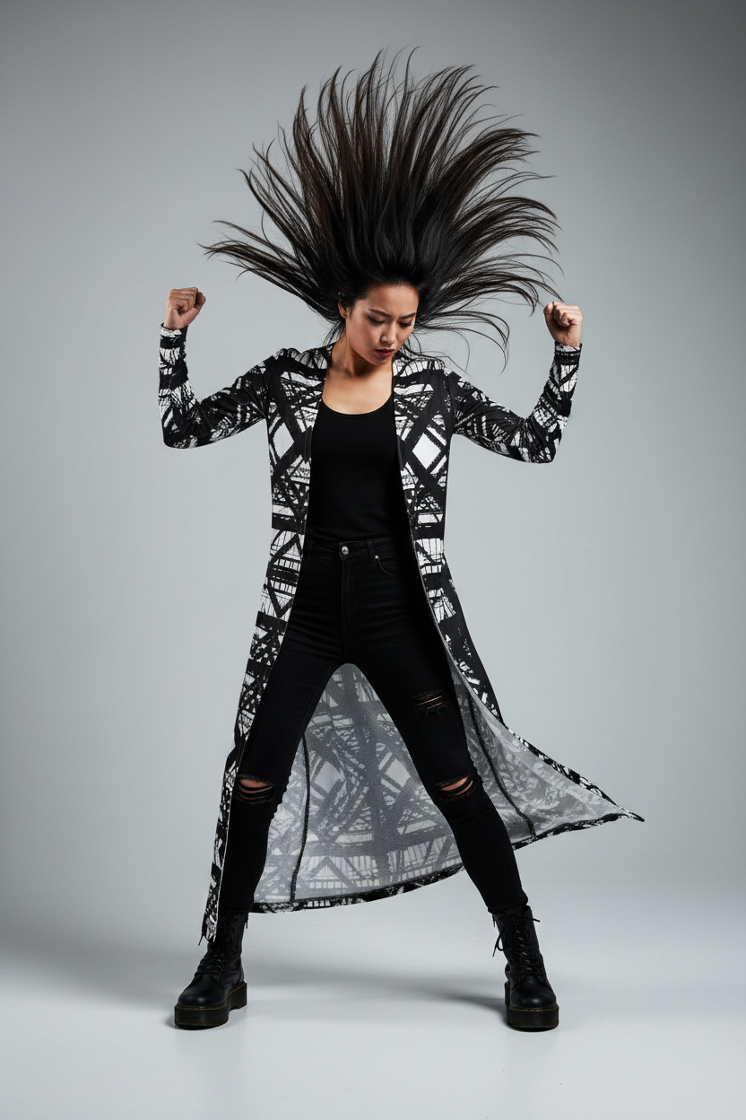 Hot Metal Ladies Cardigan Mid-Calf Length Asian Woman Moshing Studio Mockup
