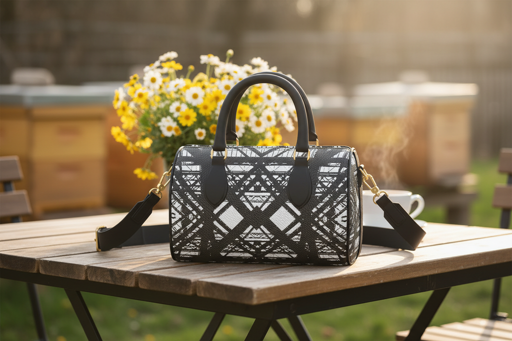 Hot Metal Mini Denbigh Duffle Bag Close Up on Cafe Table at Apiary Mockup
