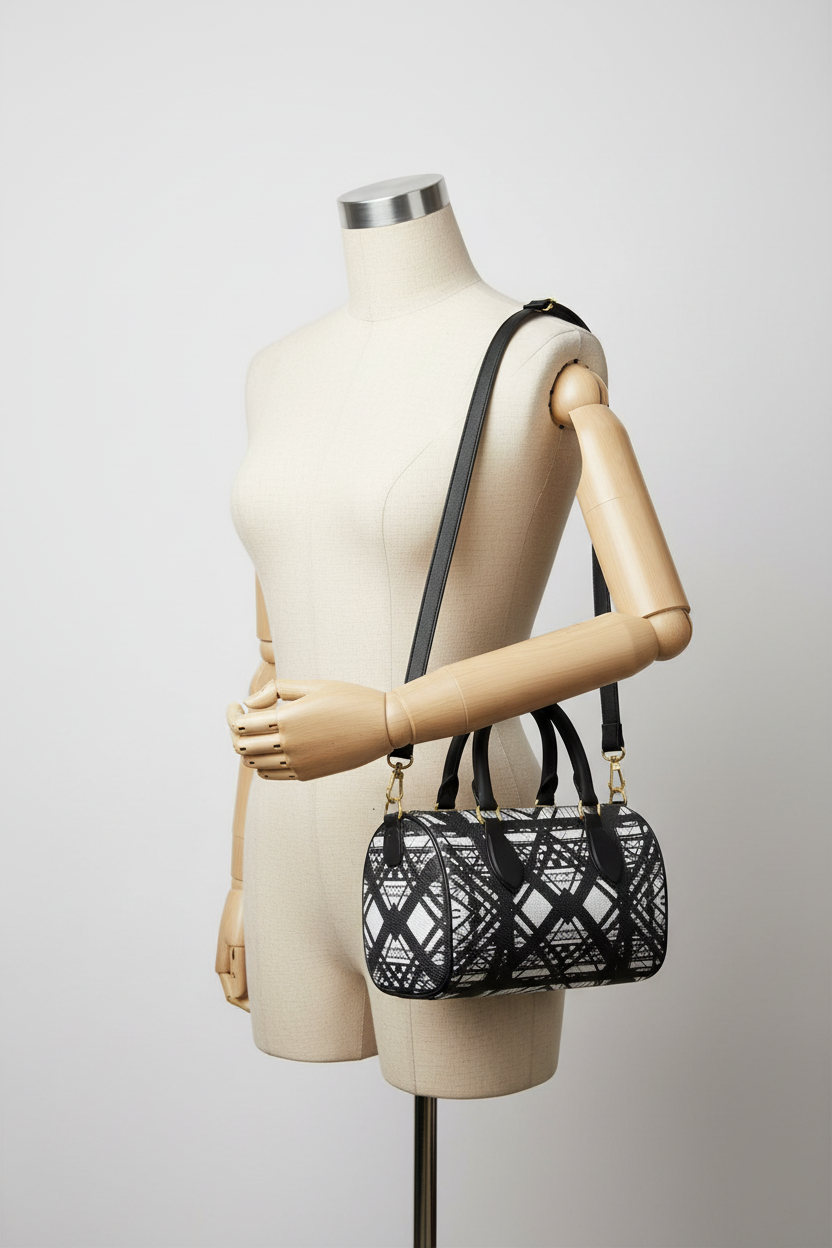Hot Metal Mini Denbigh Duffle Bag Hanging from Mannequin Arm Studio Mockup
